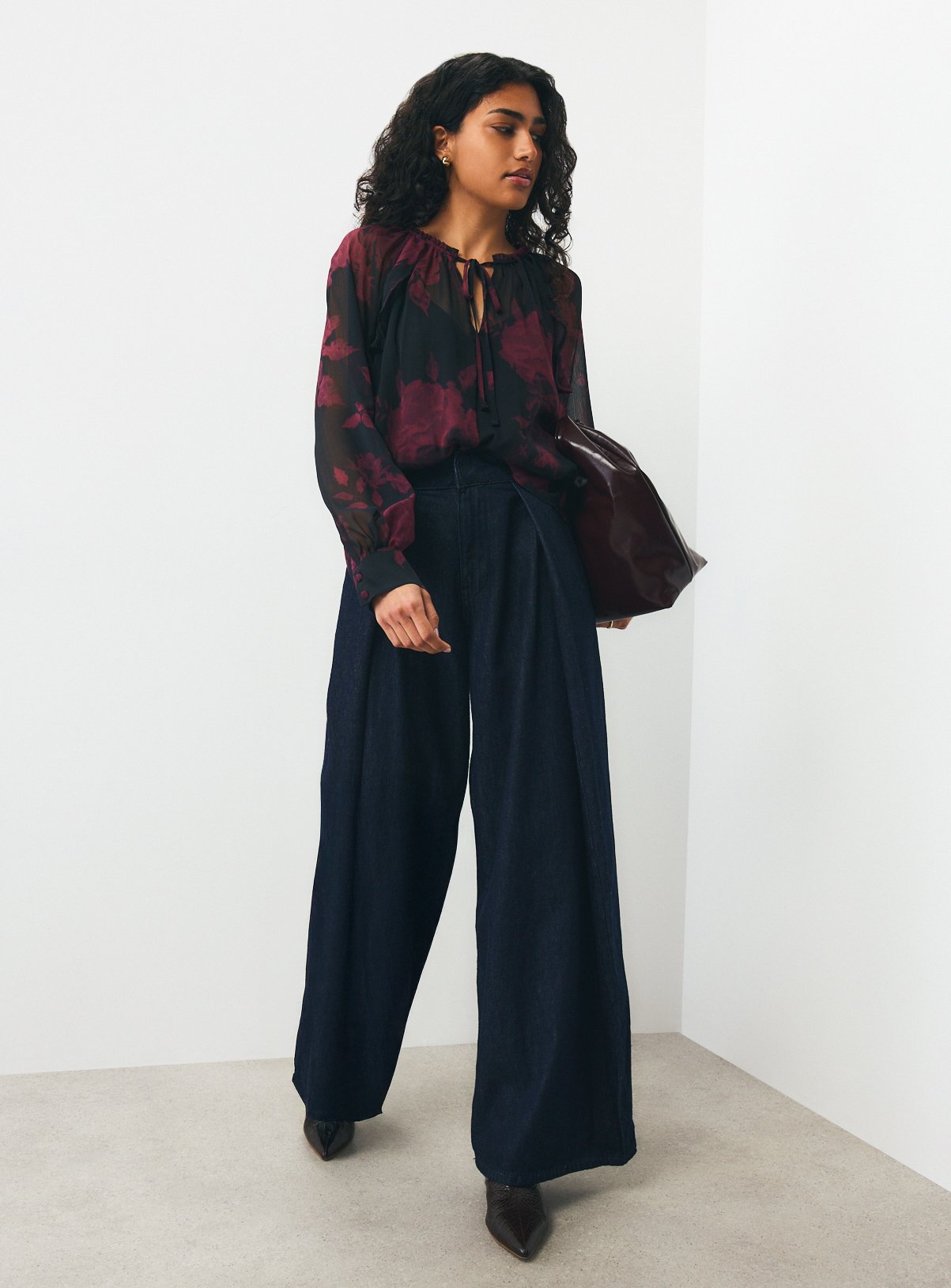 Burgundy Blurred Floral Frill Blouse 16 - Image 2 thumbnail